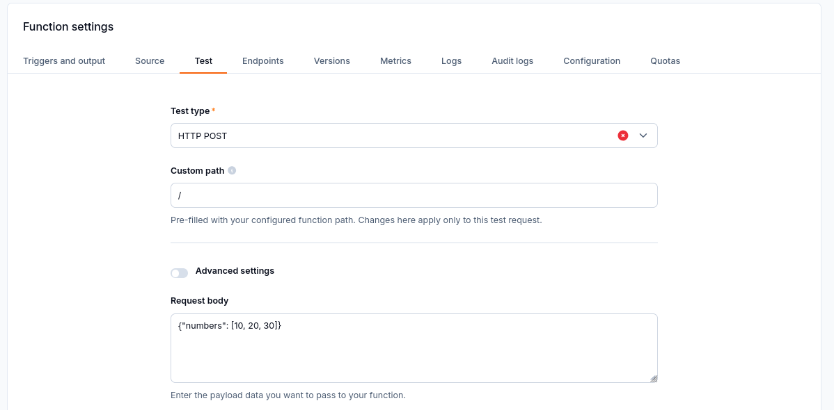 The HTTP POST request body contains only JSON, with Custom path set to /.