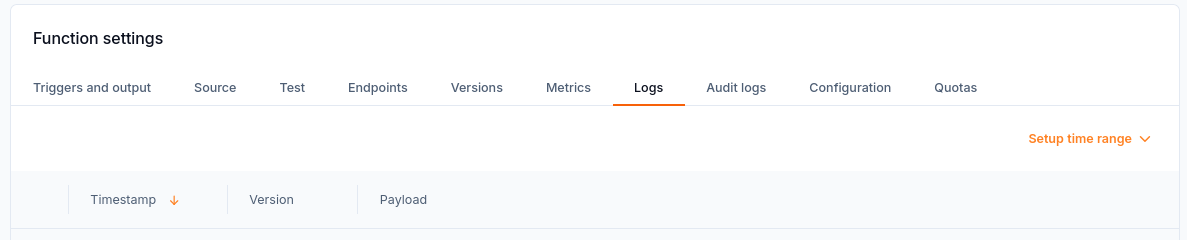 The Logs tab provides a time-range control and columns for timestamp, version, and payload.