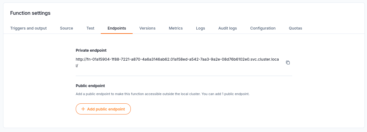 Endpoints shows the private address and the option to add one public endpoint.