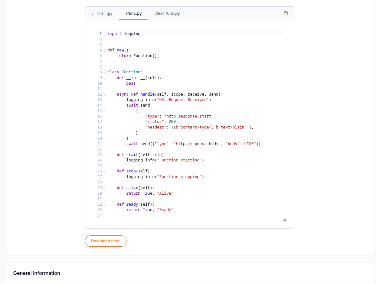 The generated func.py returns OK before you replace it with the example.