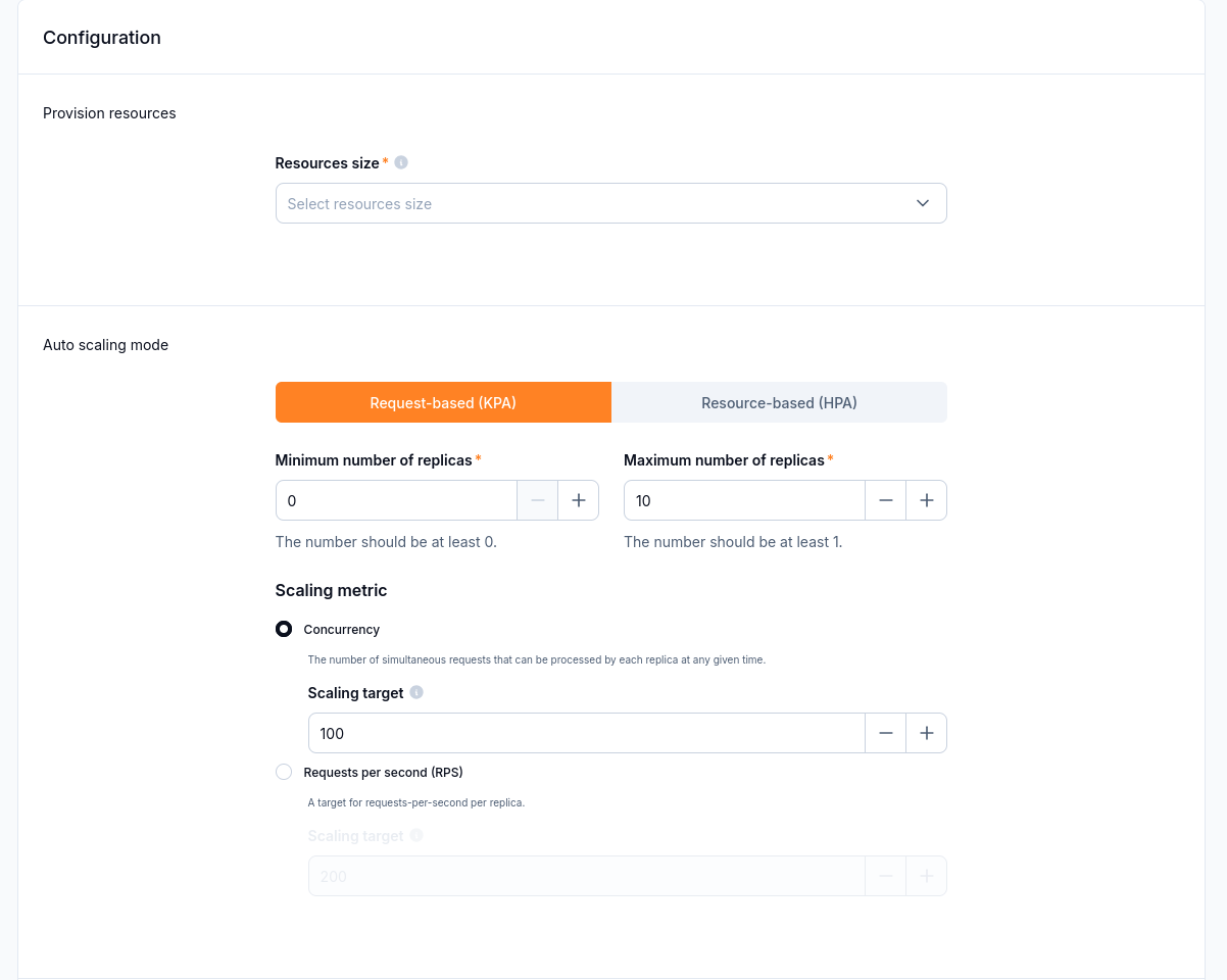 Request-based scaling exposes replica limits, a scaling metric, and its target.
