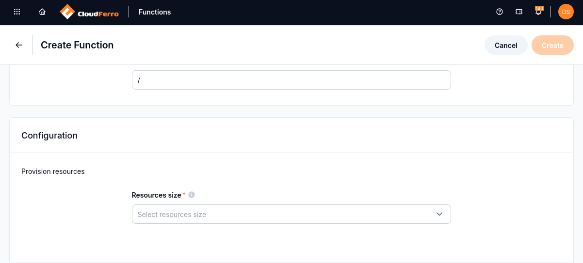 The Resources size selector sets the CPU and memory available to a replica.