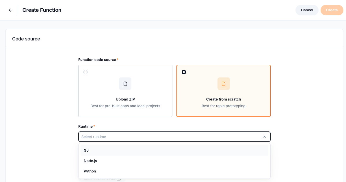 Choose a runtime from the languages offered by the catalogue.