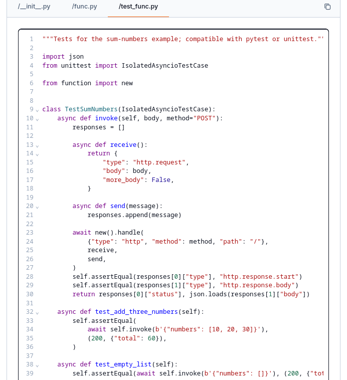 The matching sum-numbers tests pasted into the test_func.py tab.