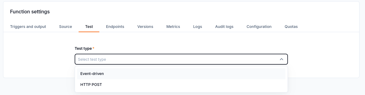 The Test type selector offers Event-driven and HTTP POST requests.