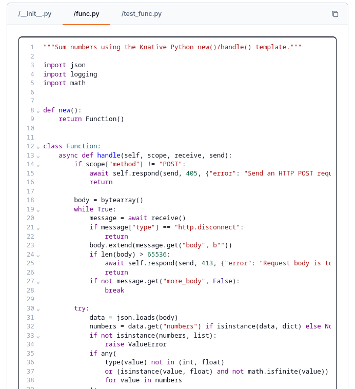 The sum-numbers code replaces the generated handler in the func.py tab.