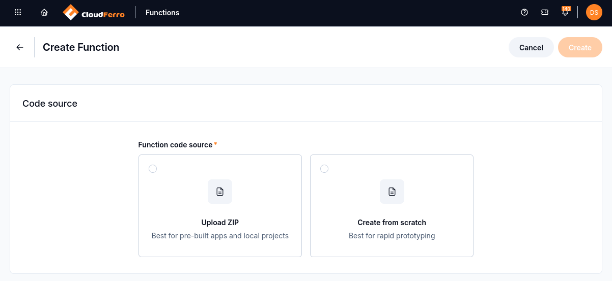 Create Function lets you upload an existing project or begin with a source template.