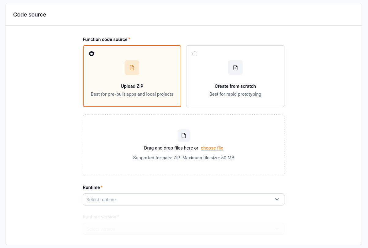 Upload ZIP accepts a source archive and requires a matching runtime.