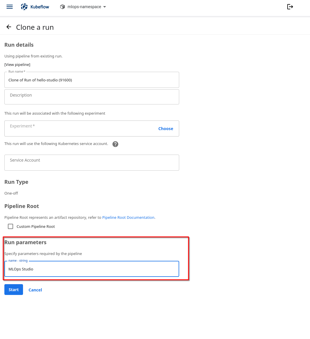 Clone a run form with the name parameter changed to MLOps Studio