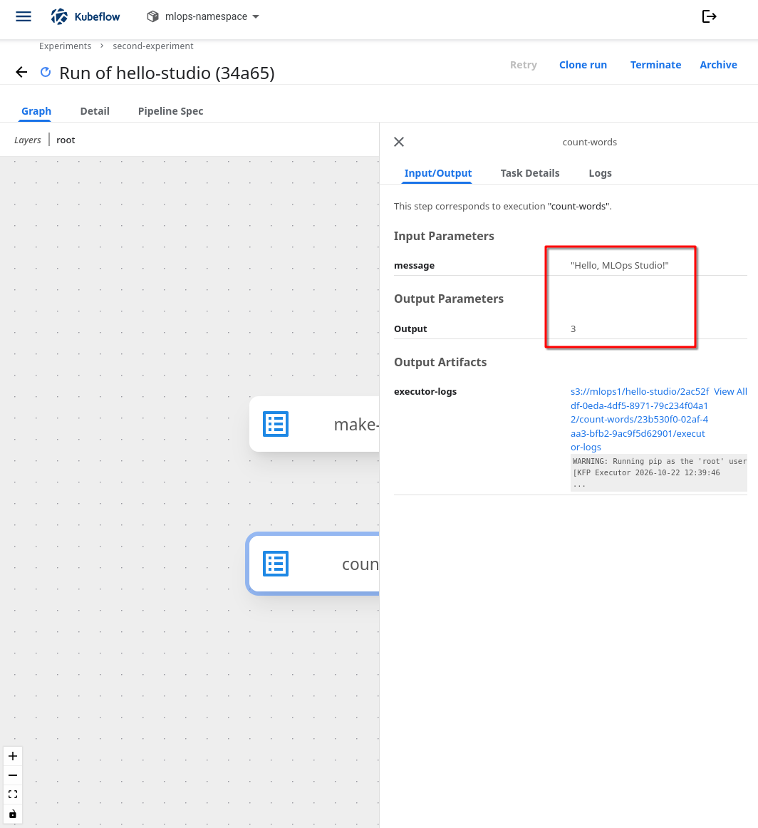 Count-words Input/Output panel showing Hello, MLOps Studio! as the input message and 3 as the output