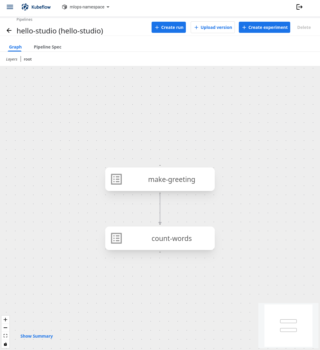 Uploaded hello-studio pipeline graph showing make-greeting followed by count-words and the Create run button