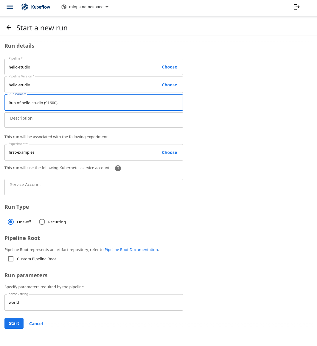 Start a new run form with hello-studio, the first-examples experiment, One-off selected, and name set to world