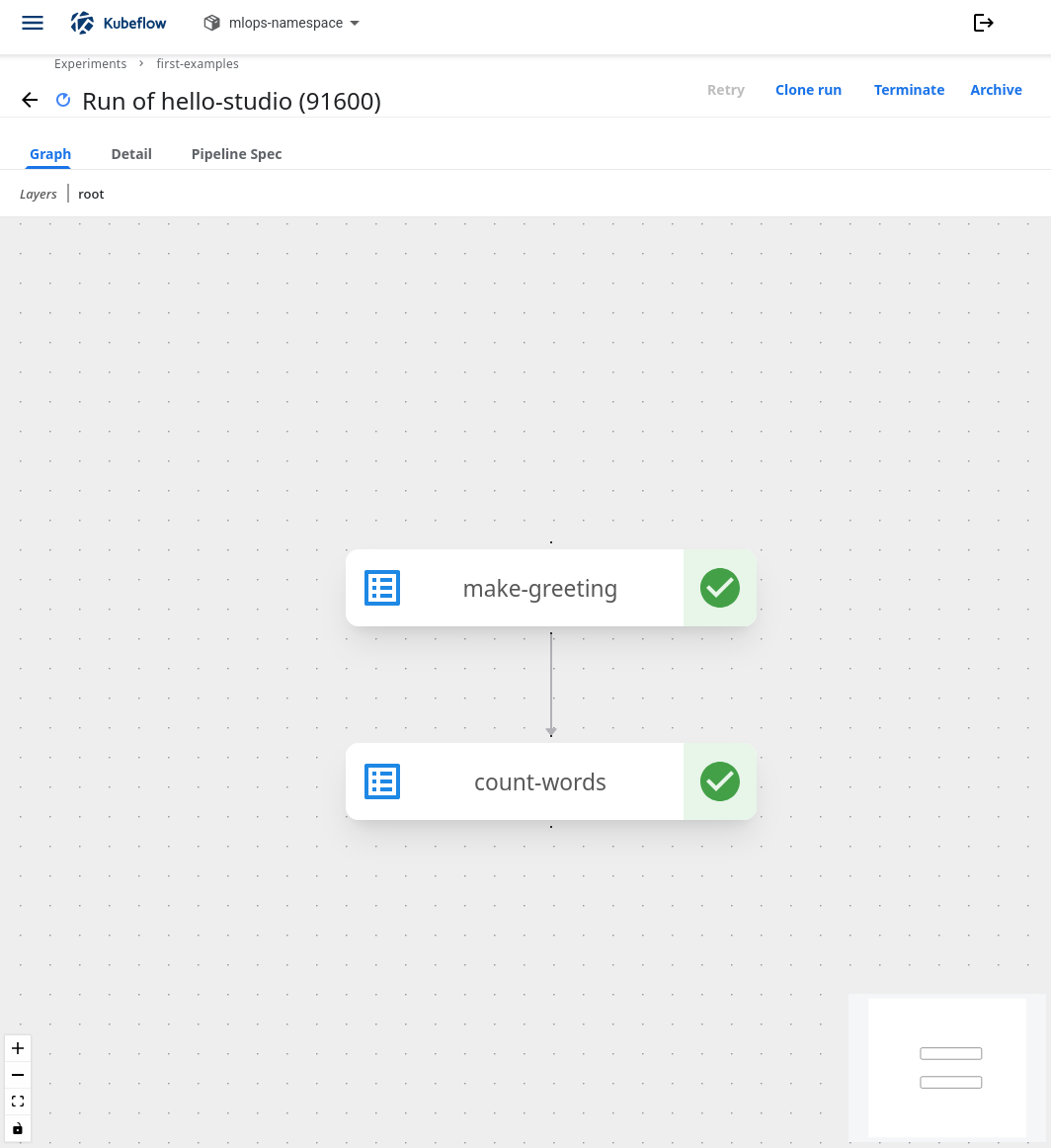 Hello-studio run graph with green check marks on make-greeting and count-words