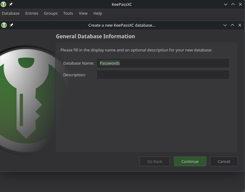 KeePassXC new-database dialog with Database Name and Description fields.
