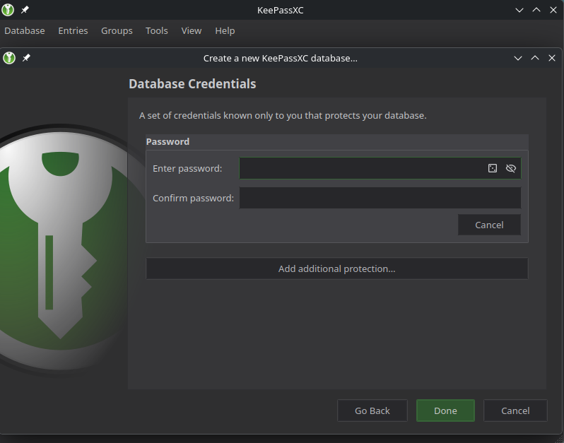 KeePassXC Database Credentials screen with password confirmation and optional additional protection.
