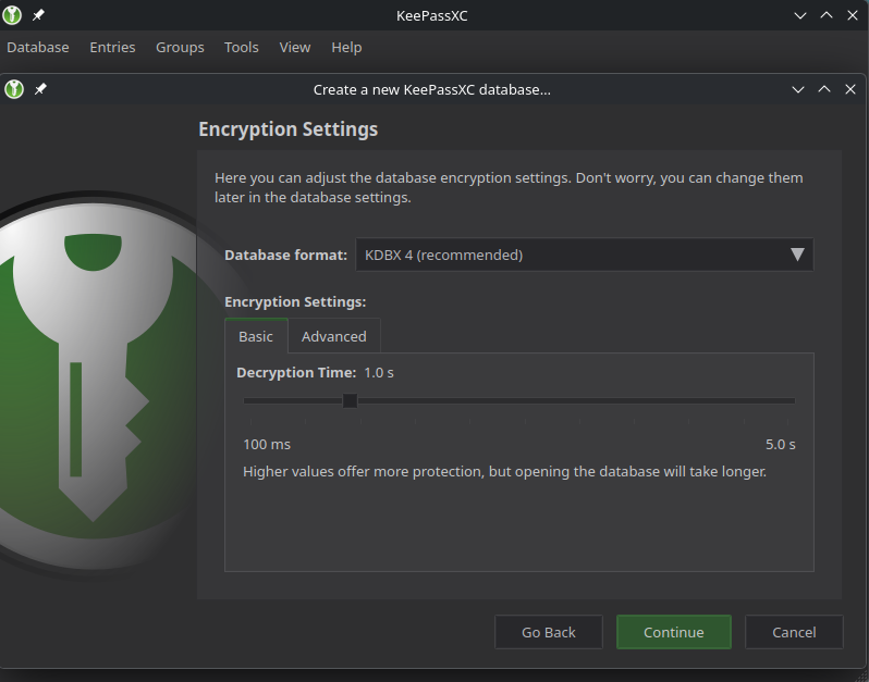 KeePassXC encryption settings with KDBX 4 format and a decryption-time slider.