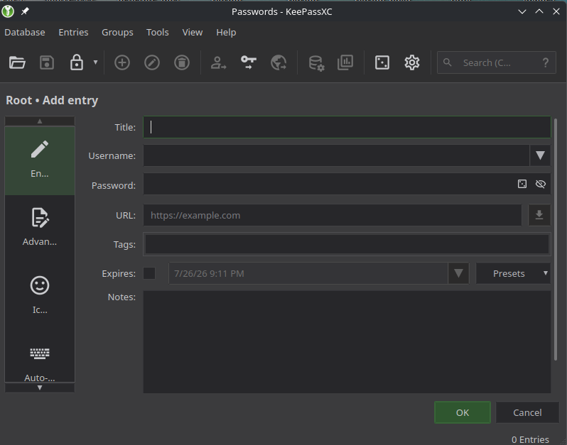 KeePassXC Add entry form with Title, Username, Password, URL, and Notes fields.