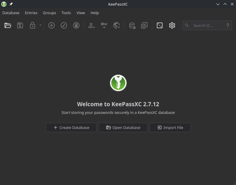 KeePassXC welcome screen with Create Database and Open Database buttons.