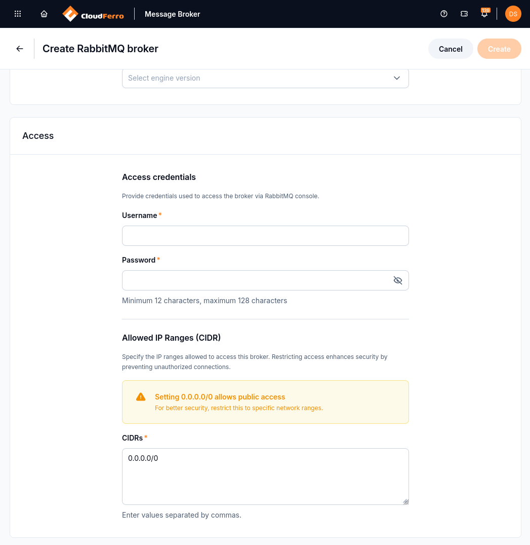 Broker access credentials and allowed IP ranges