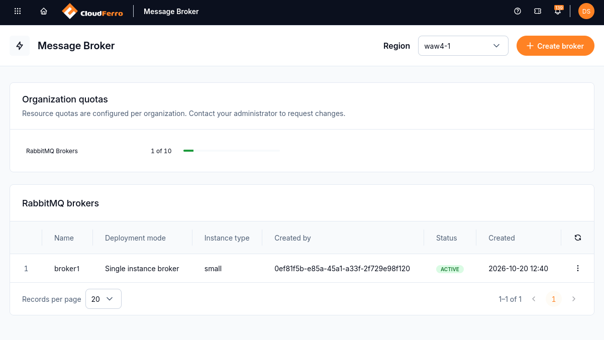 RabbitMQ broker list showing broker1 with Active status