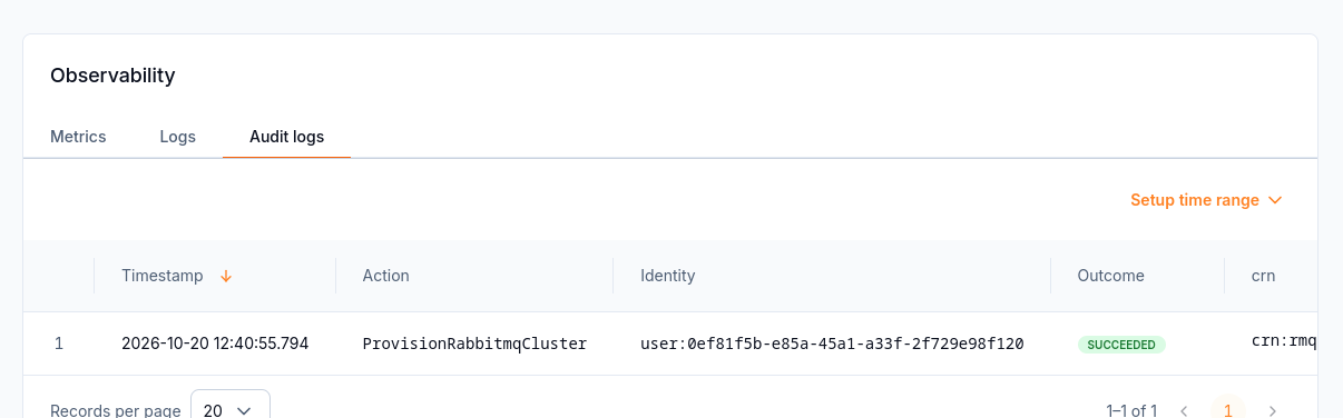 Audit log showing a successful ProvisionRabbitmqCluster action