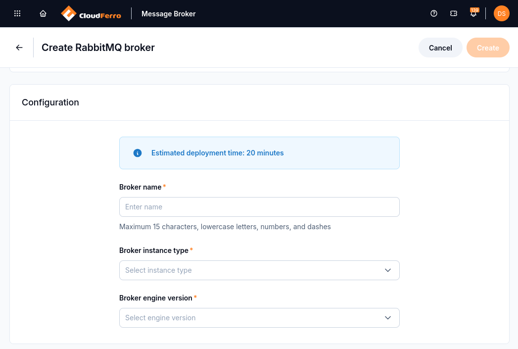 Broker configuration fields for name, instance type, and engine version