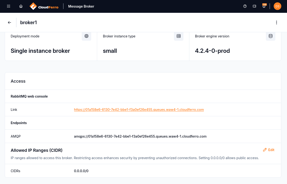 RabbitMQ web console link, AMQP endpoint, and allowed IP ranges