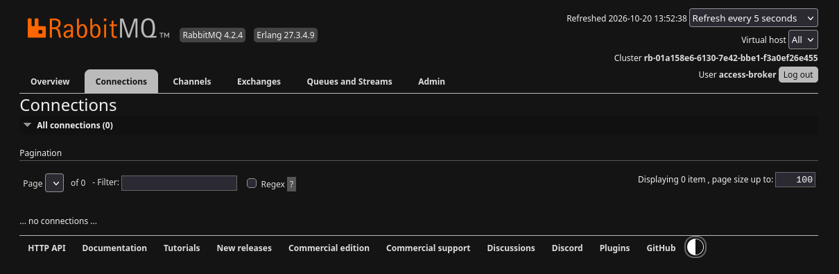 RabbitMQ Connections tab showing no open application connections