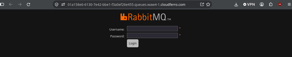 RabbitMQ Management UI login form with username and password fields