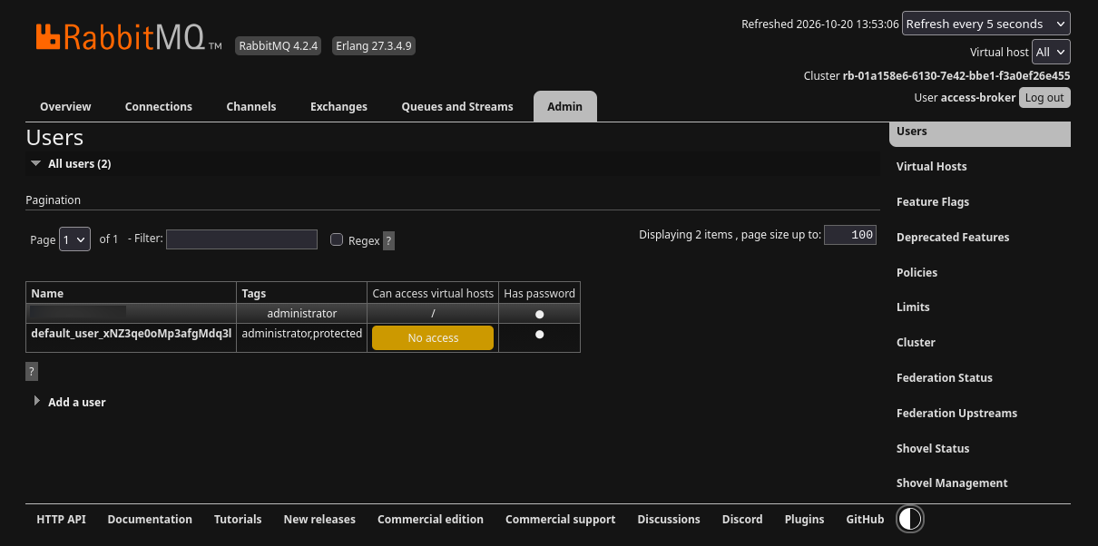 RabbitMQ Users list showing account tags and virtual host access