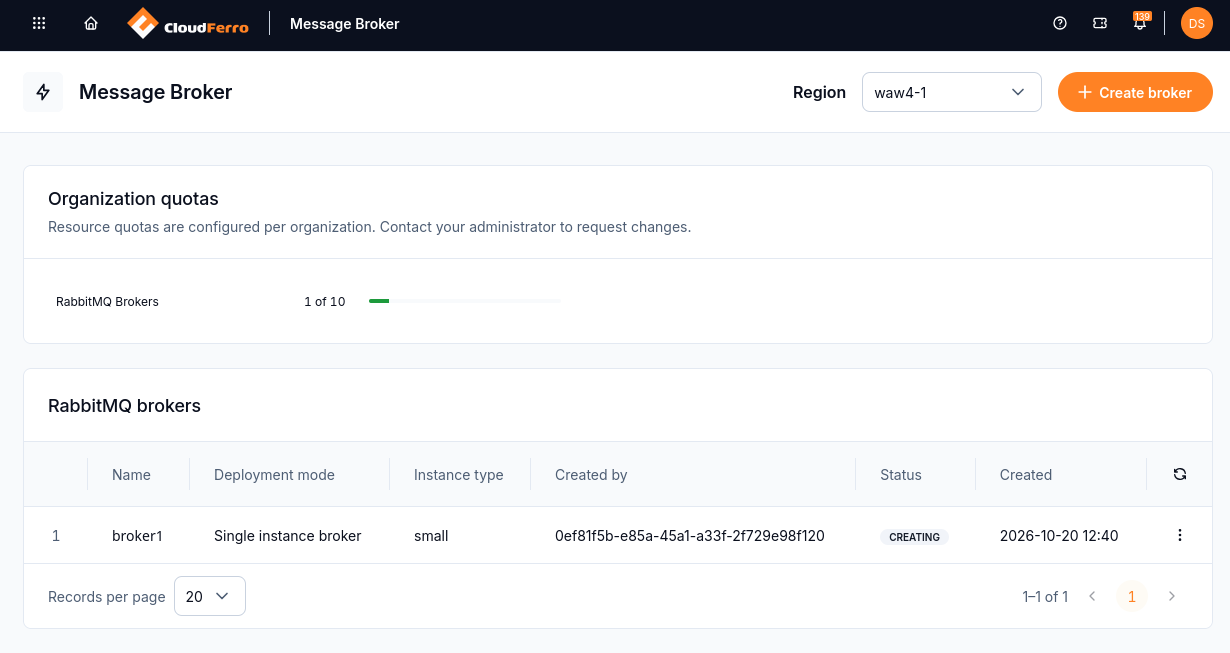 RabbitMQ broker list showing broker1 with Creating status
