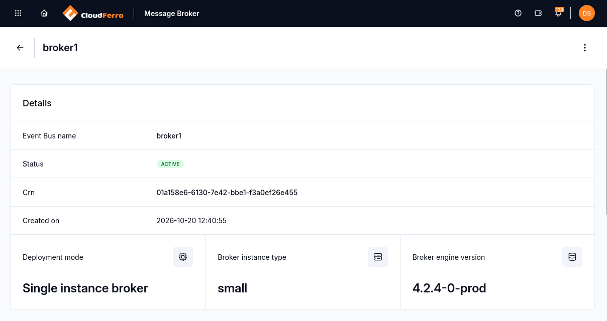 Active broker details, deployment mode, instance type, and engine version