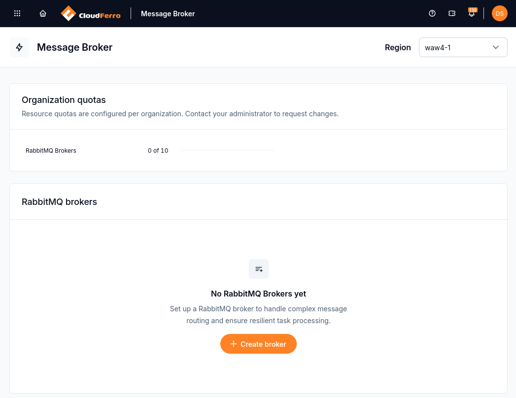 Empty RabbitMQ broker list with the region selector and Create broker button