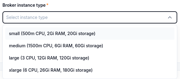 Broker instance type selector showing CPU, RAM, and storage for small, medium, large, and xlarge flavors