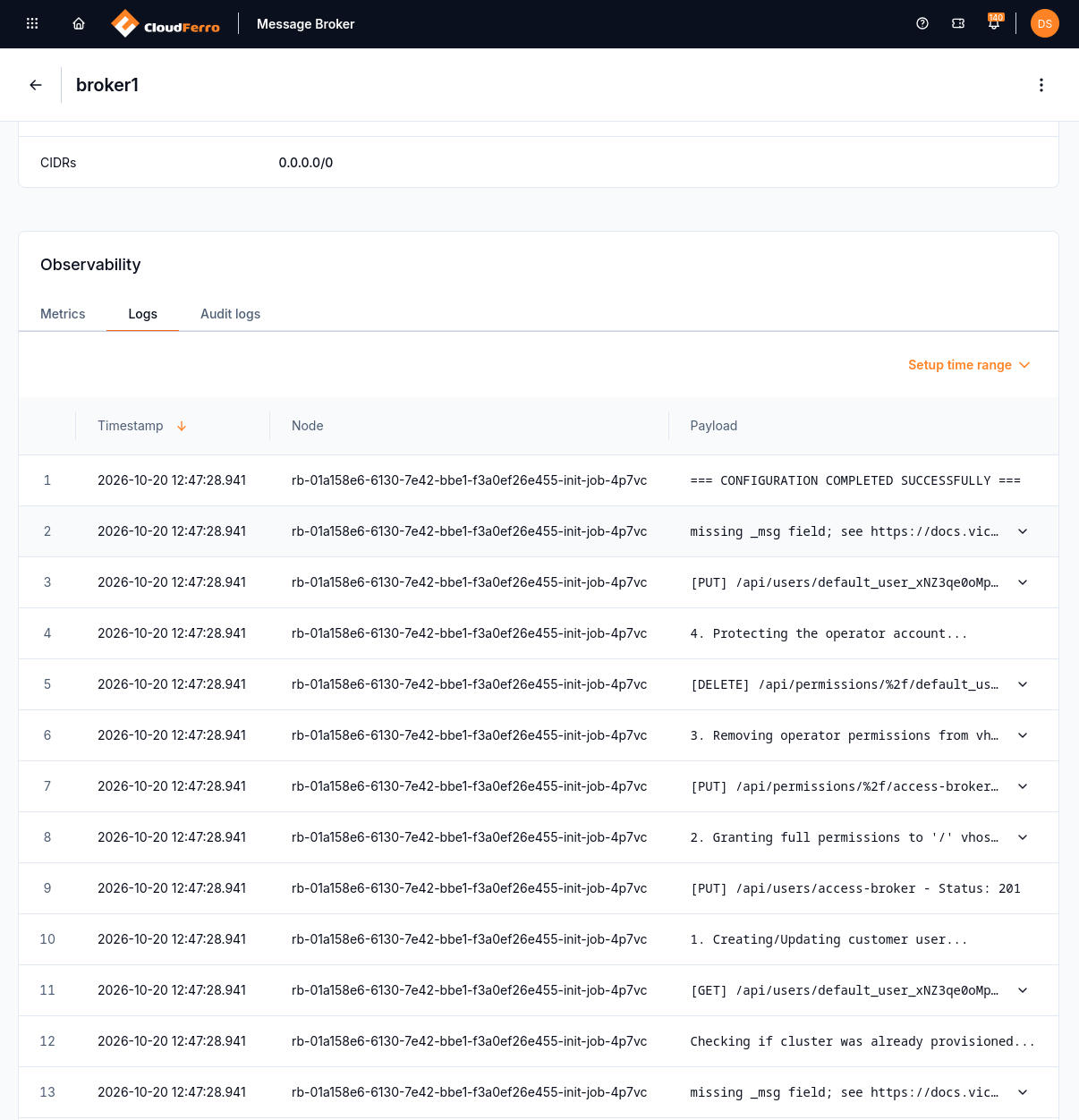 Message Broker Logs tab showing broker initialization messages