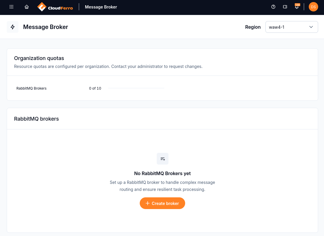 Message Broker page showing organization quota usage and an empty broker list