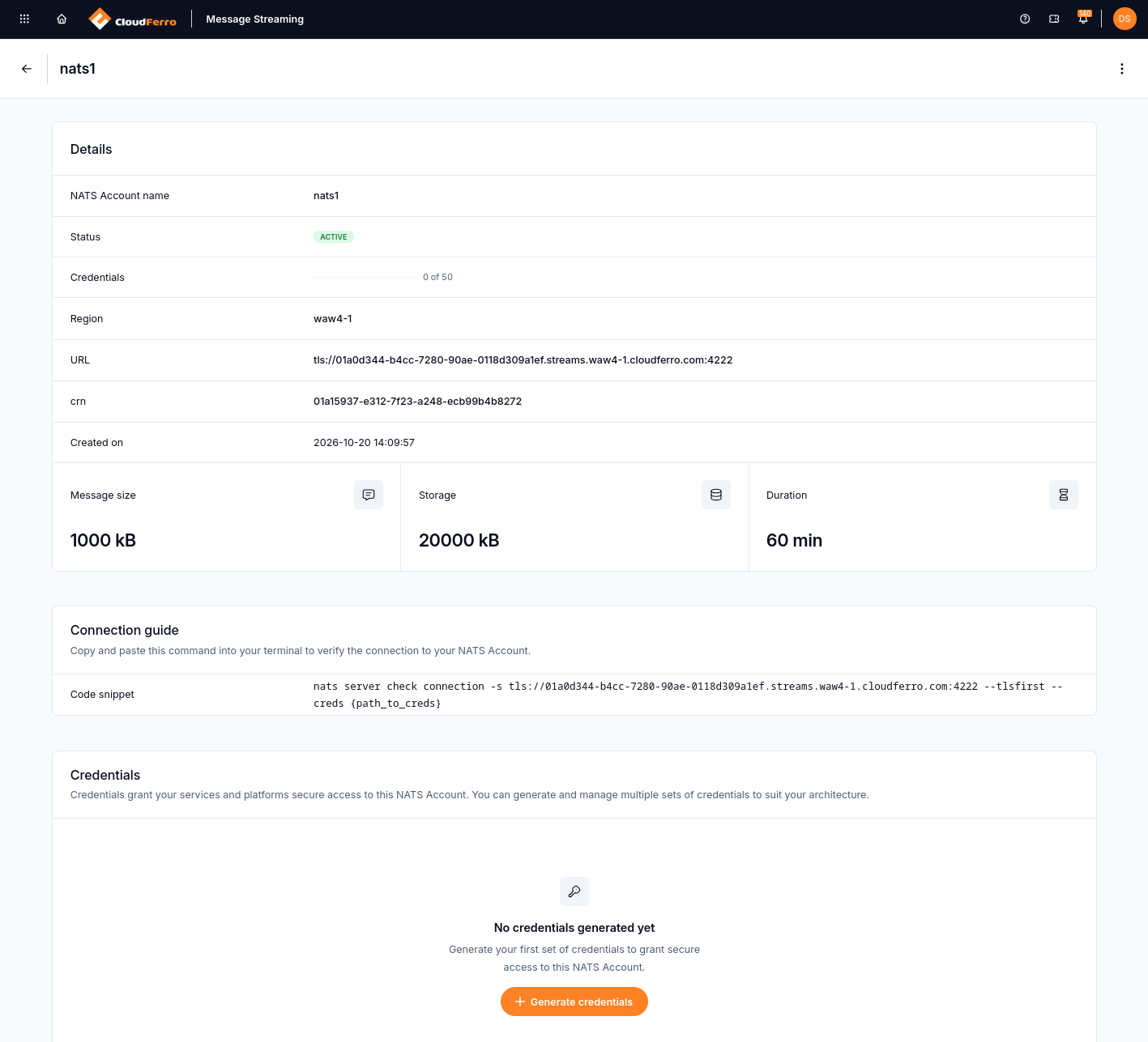 Active nats1 account with its connection URL, capacity settings, connection guide, and empty Credentials section