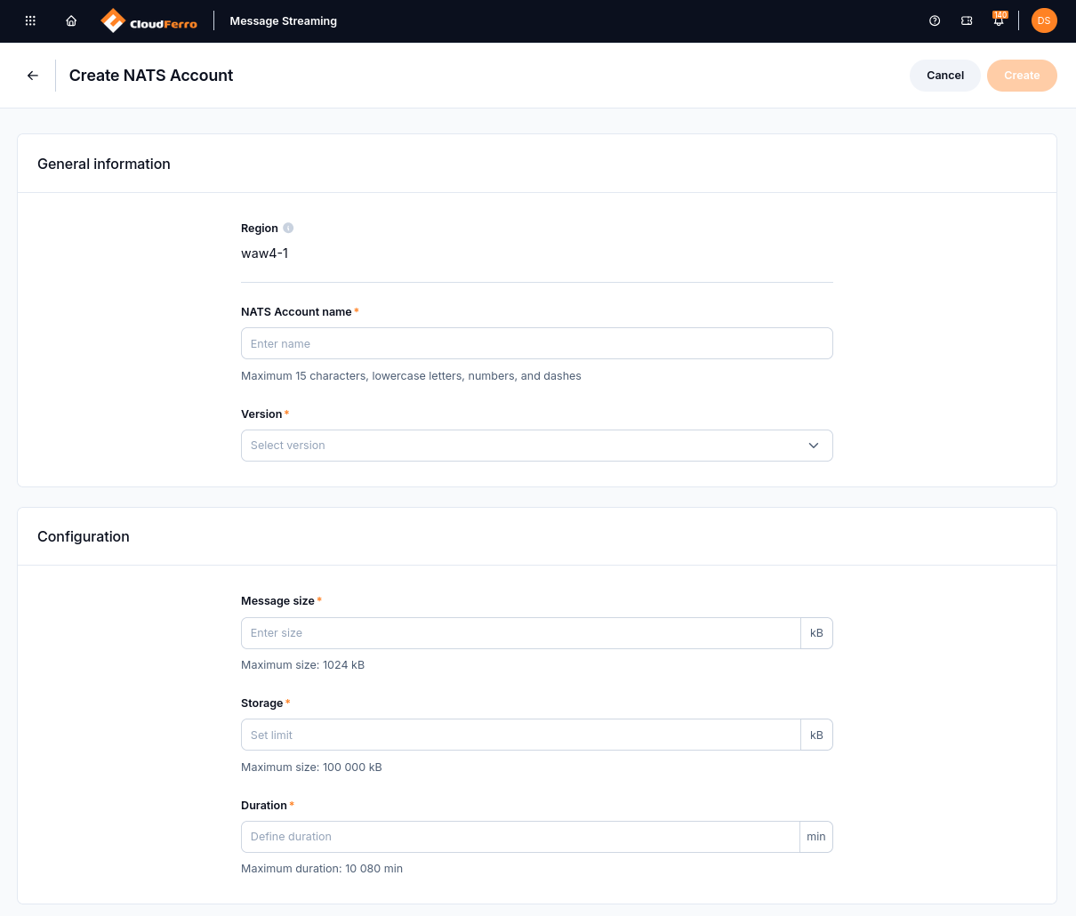 Create NATS Account form with General information and Configuration fields