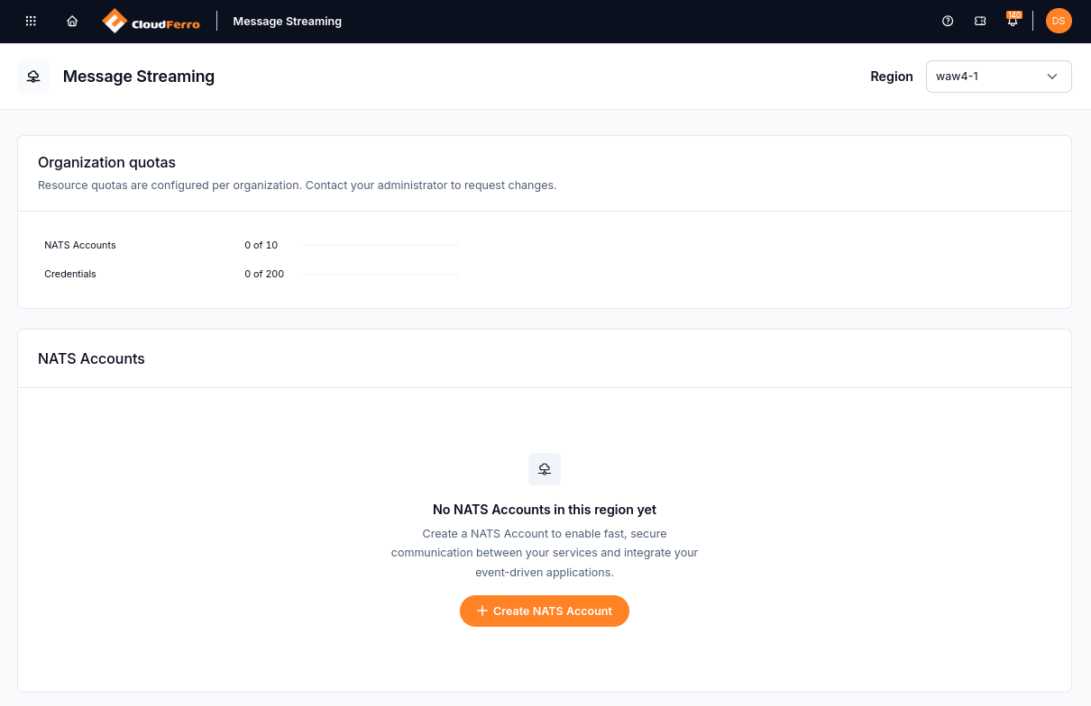 Message Streaming page with the region selector, organization quotas, an empty NATS Accounts list, and Create NATS Account button