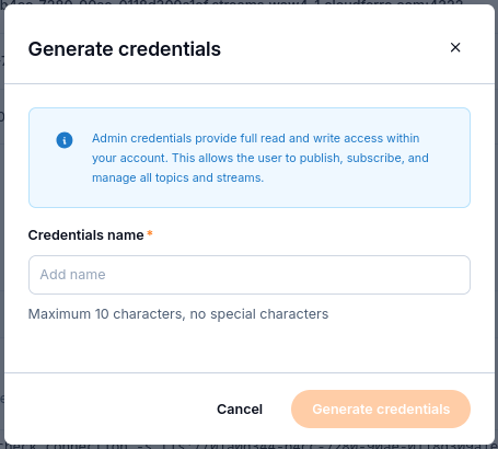 Generate credentials dialog with the Credentials name field and a notice about full read and write access