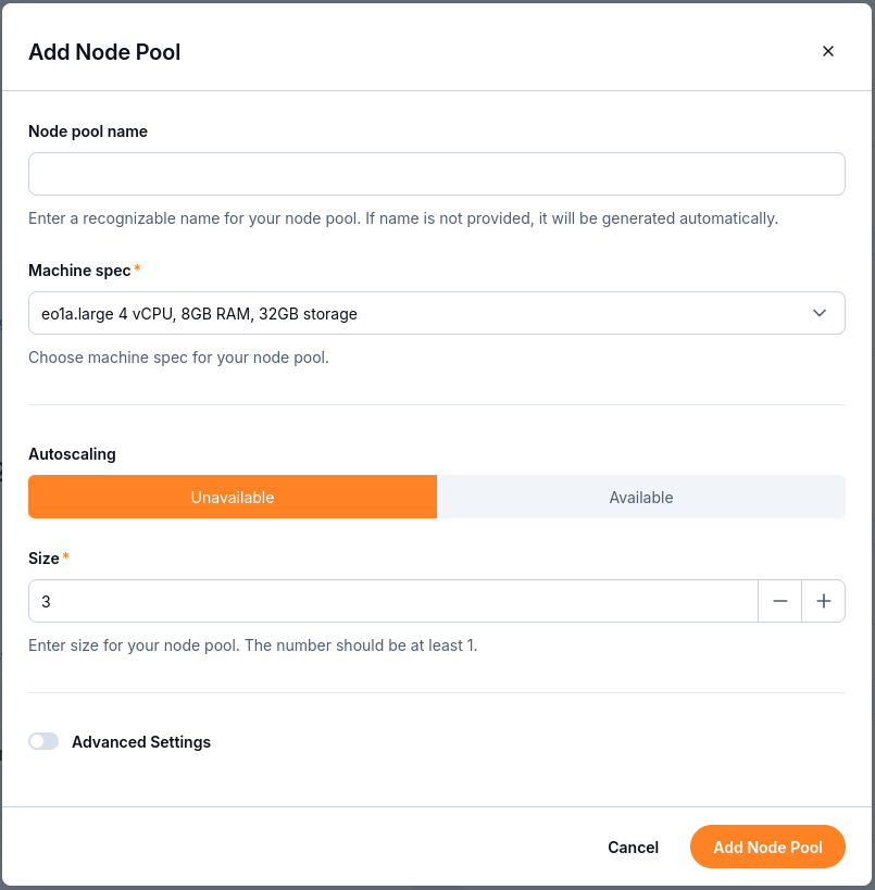 Set the node pool name, machine specification, autoscaling mode and size.