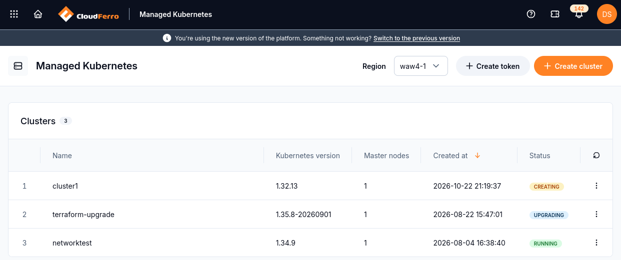 cluster1 is being created; the other rows show separate existing clusters.