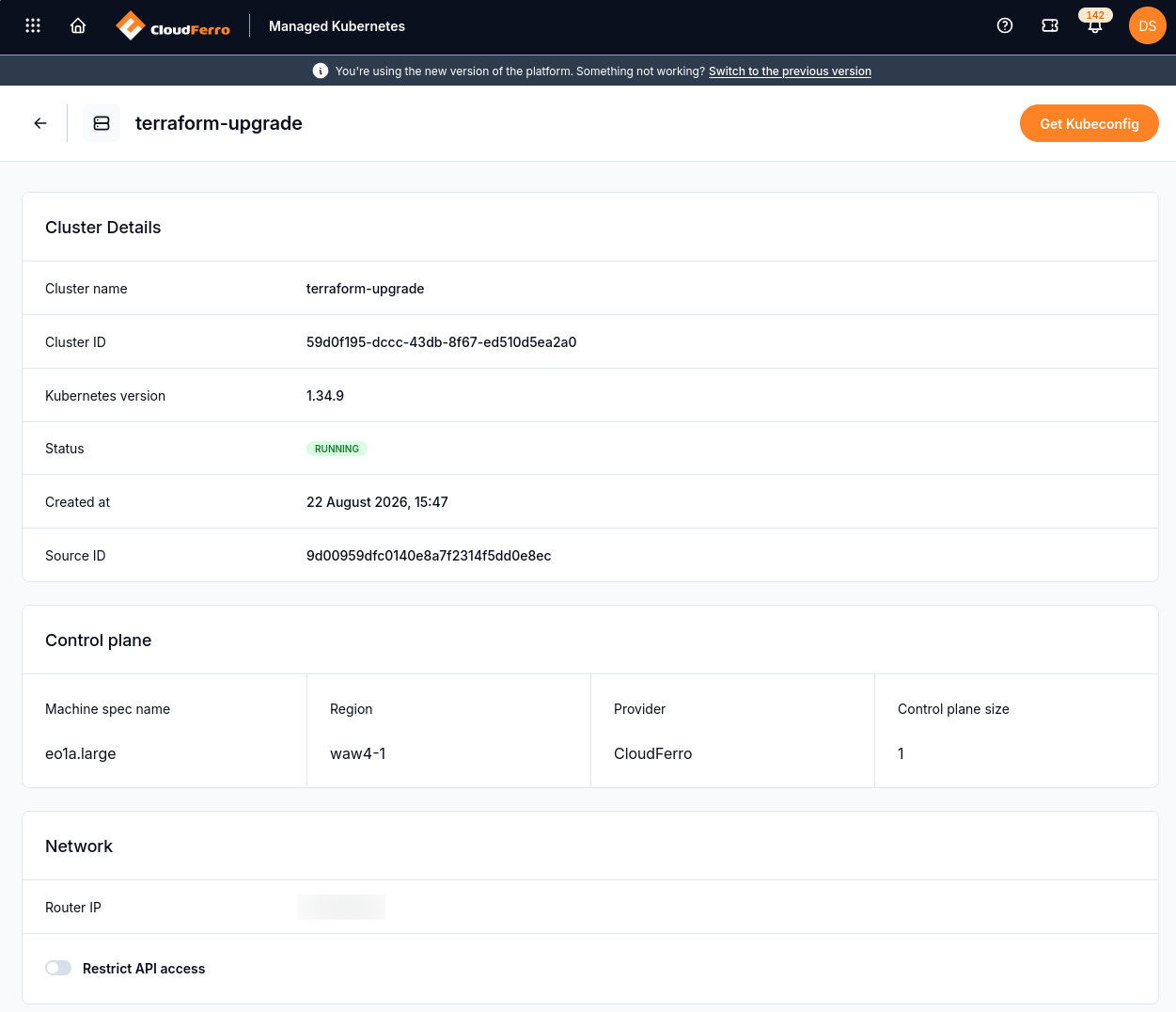 Cluster details show the cluster ID, version, status, control plane and network.