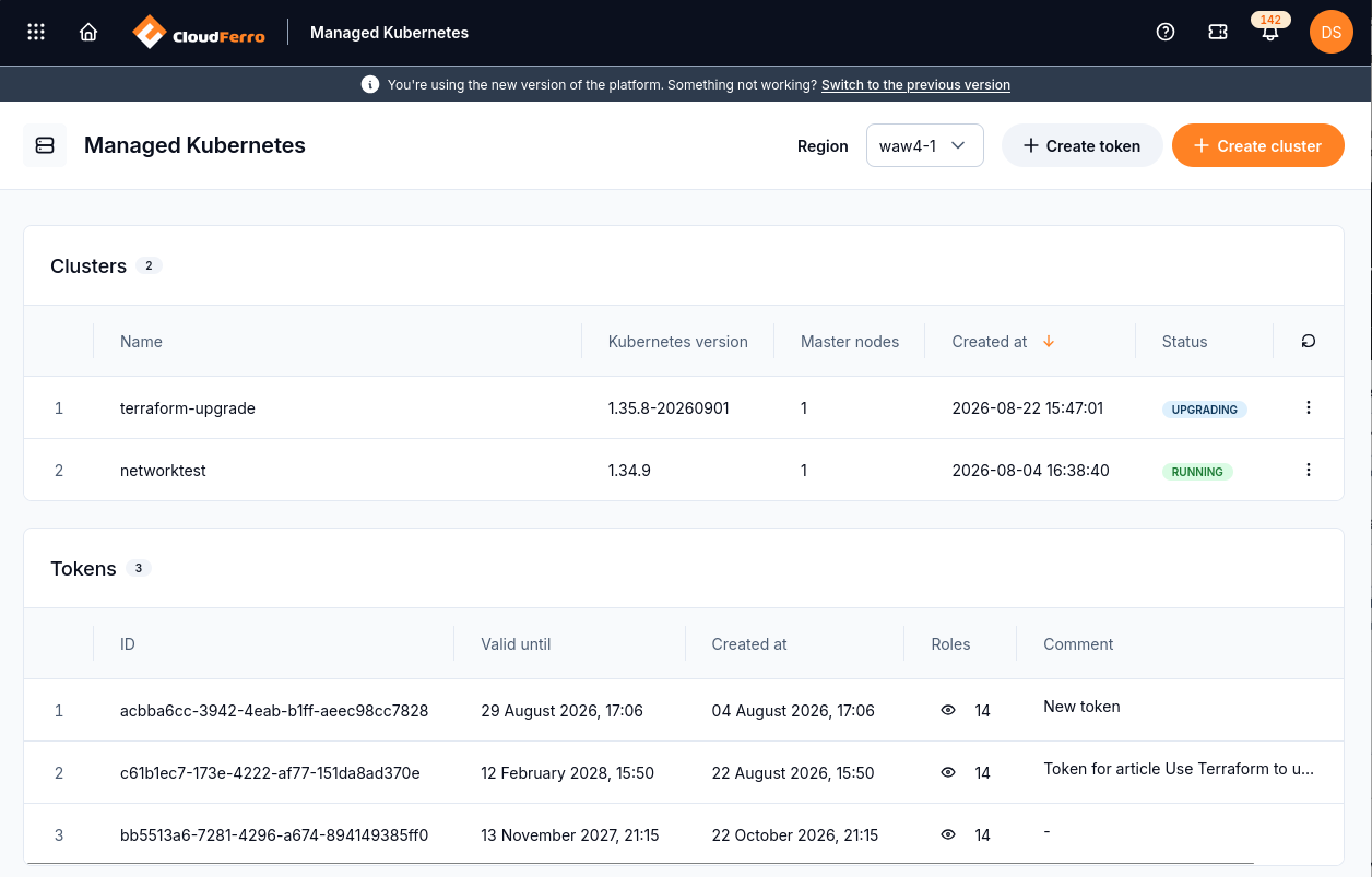 The cluster list shows UPGRADING while the version change is in progress.