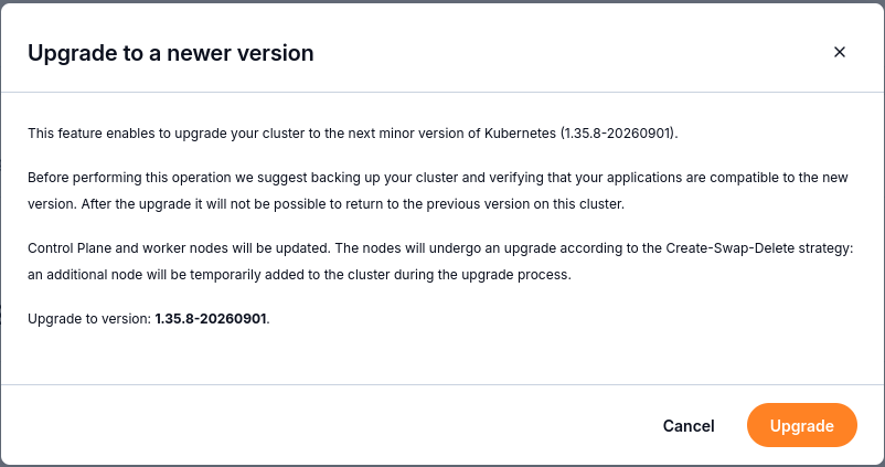 The confirmation dialog identifies the target version and explains the upgrade strategy.