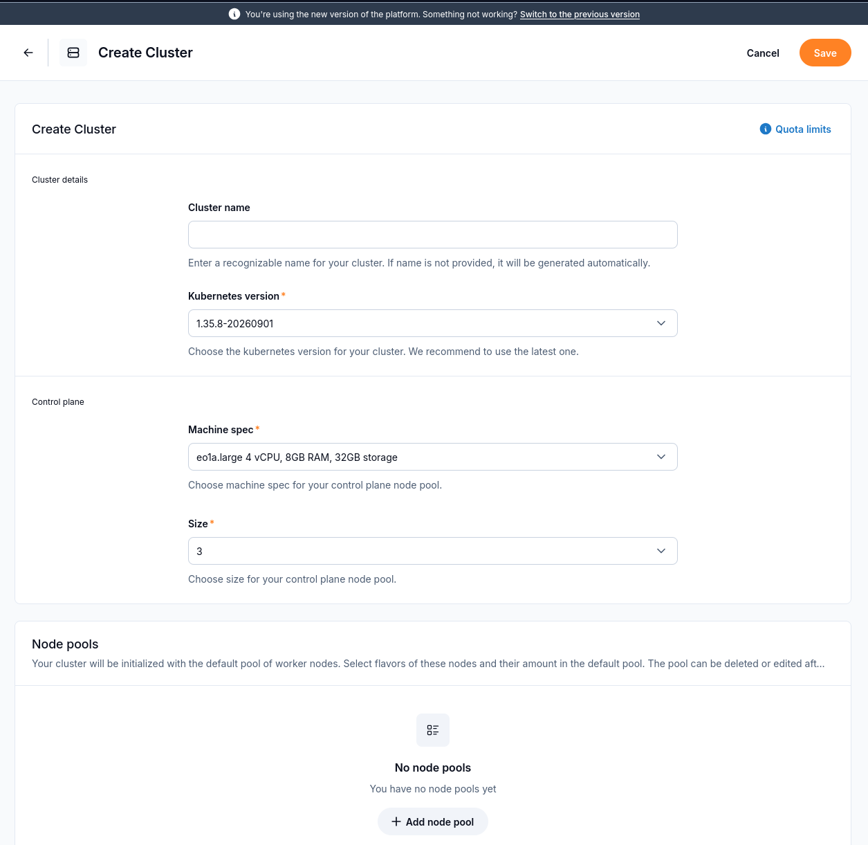 Set the cluster name, Kubernetes version and control plane configuration.