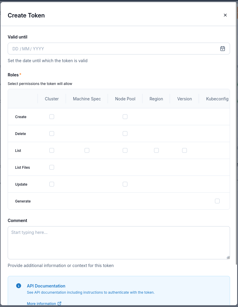 Set the validity date, select the required roles and optionally enter a comment.
