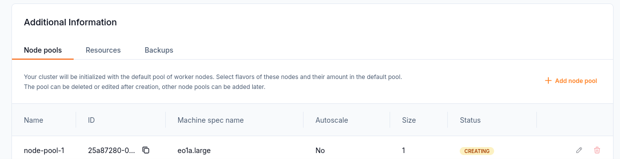 A node pool with one worker node is being created.