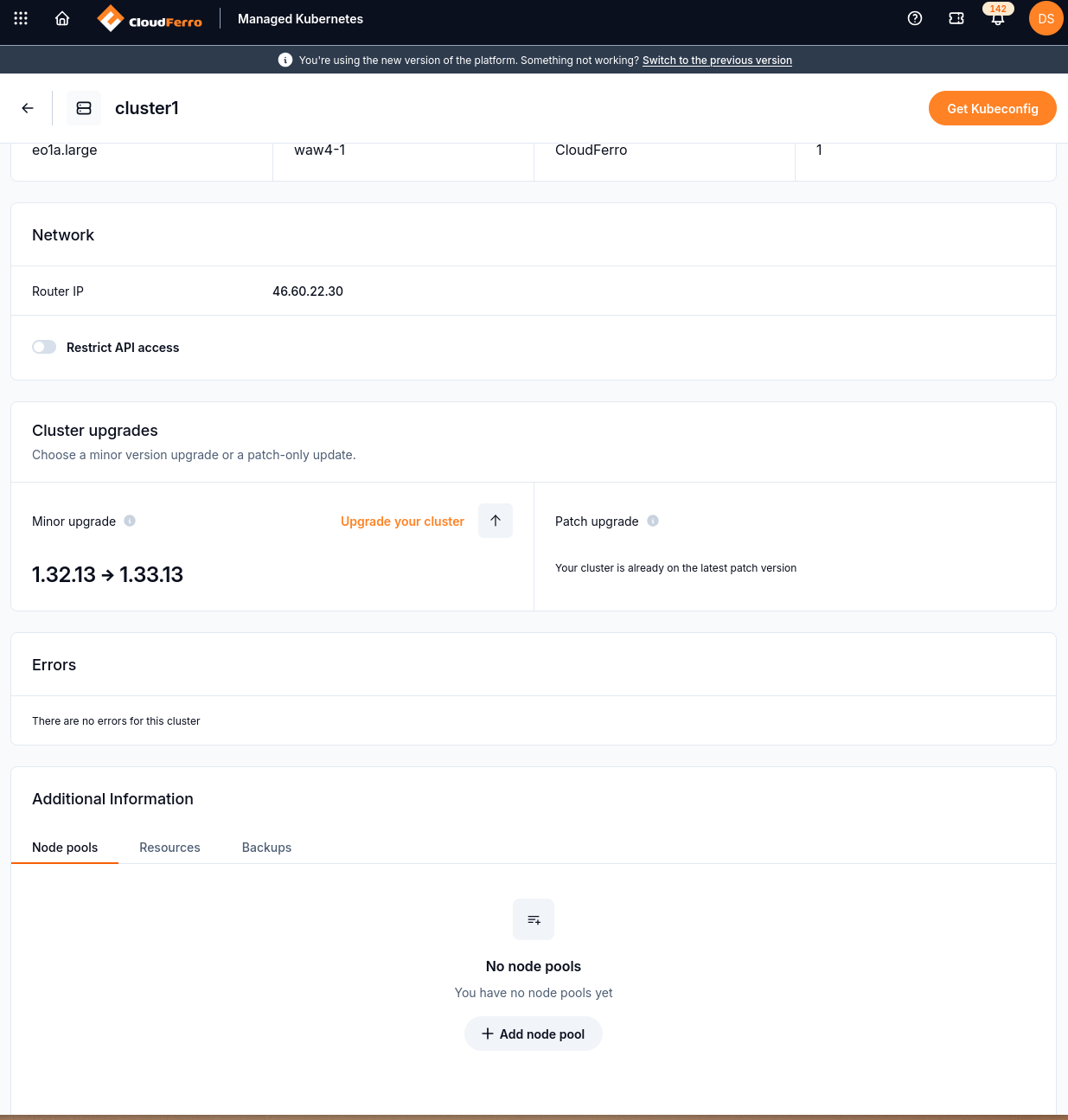 The Node pools tab provides Add node pool when no worker pools exist.