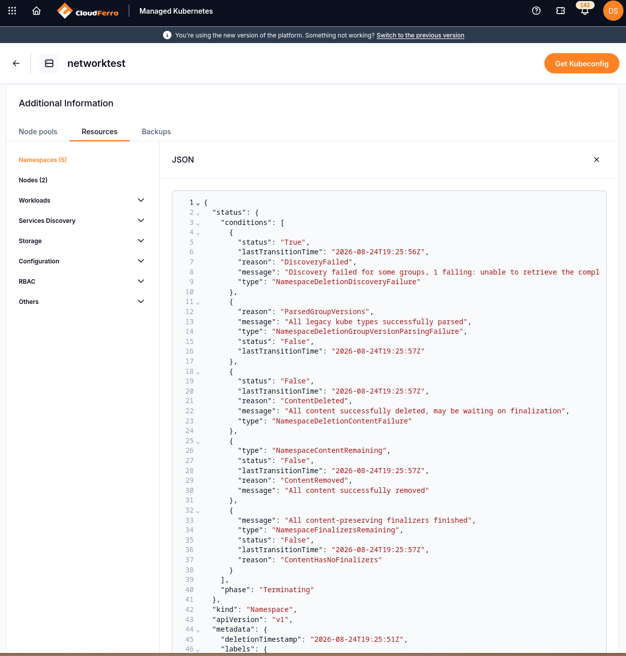 The JSON view exposes the selected resource's status and metadata.
